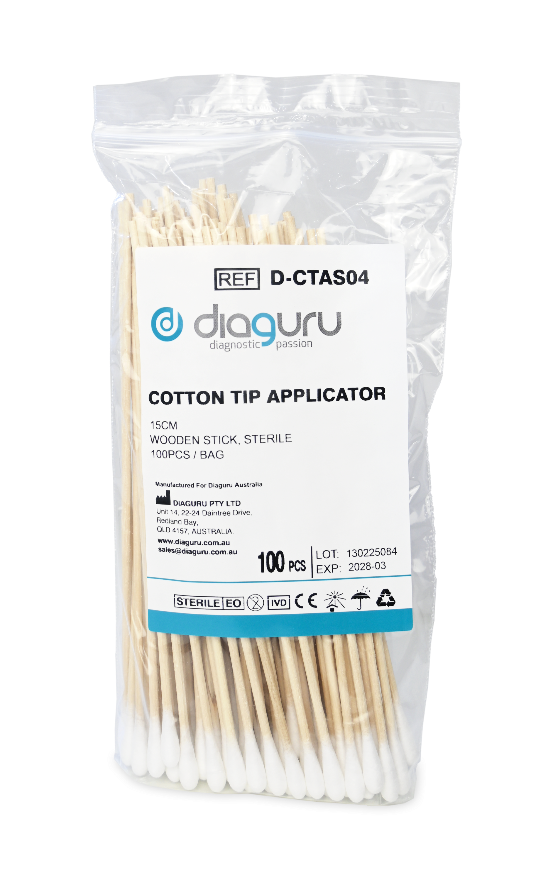 Diaguru Cotton Tip Applicator, 15cm, wooden stick, Sterile, Bag/100